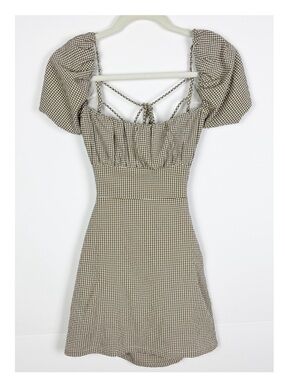 Oak + Fort Dress XS Mini Brown White Gingham Milk Maid Lace Up Back Puff Sleeve